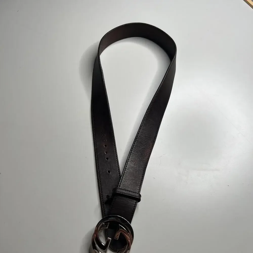Gucci Men’s Leather Belt Brown GG Silver Buckle 114876 Made in‎ Italy